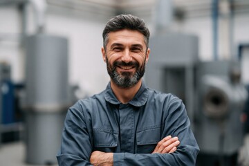 Obraz premium Bearded industrial engineer in work uniform smiling with folded arms for factory portrait and staff profile in manufacturing setting