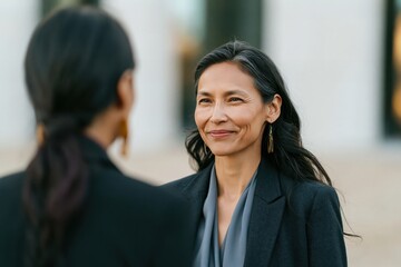 Obraz premium Mature professional woman listening with a gentle smile during an outdoor meeting for leadership portrait and corporate profile banner