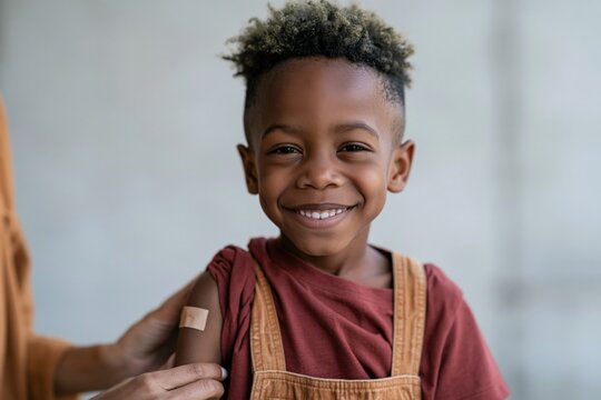 Smiling child with adhesive bandage after vaccination for healthcare poster and immunization awareness banner
