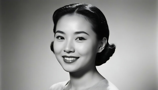Classic monochrome portrait of a beautiful smiling young Asian woman with elegant vintage short hairstyle looking at camera emotional expressive glance glamorous black and white photography retro shot