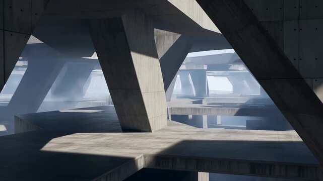 Aerial panning shot of concrete pillars and platforms gliding through industrial underpass interior at morning