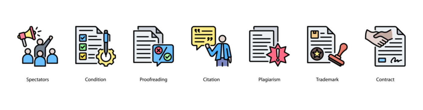 Legal and Publishing web banner icon vector illustration featuring Spectators, Condition, Proofreading, Citation, Plagiarism, Trademark, and Contract.