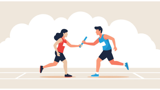 teamwork in sports, athletes passing baton in relay race