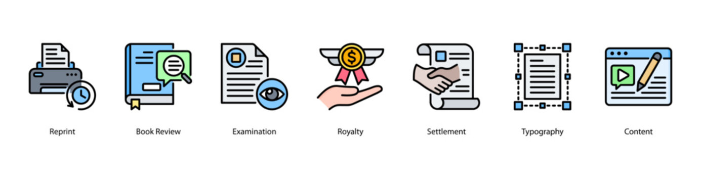Book Production web banner icon vector illustration featuring Reprint, Book Review, Examination, Royalty, Settlement, Typography, and Content.