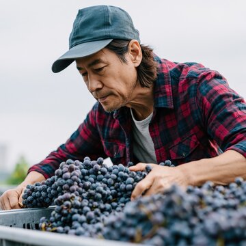 Vineyard worker sorting ripe grapes in a crate for agricultural background and banner design showing careful harvest handling