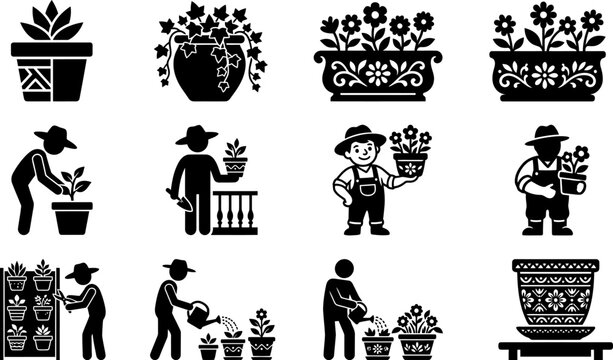Silhouettes of potted plants and people gardening, watering flowers, and arranging plants in various containers for decorative and hobby purposes.