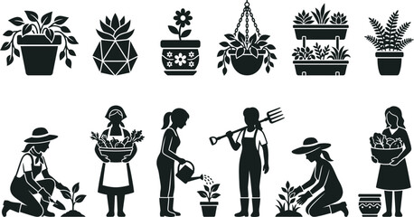 Obraz premium Floral gardening icons featuring female characters planting vegetables and watering flowers in decorative pots with professional garden tools and seasonal harvests.