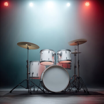 White drum kit on stage with dramatic lighting, cymbals, and foggy atmosphere, perfect for live music or concert performance scene