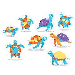 Colorful cartoon turtles walking slowly together. © Uswah