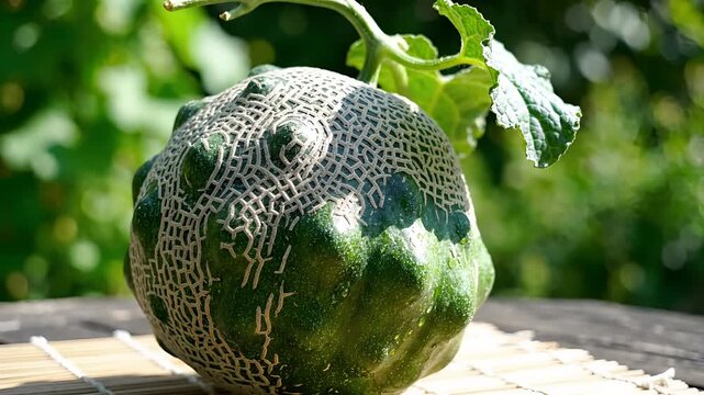 Unripe Cantaloupe Growing on Vine in Natural Sunlight.