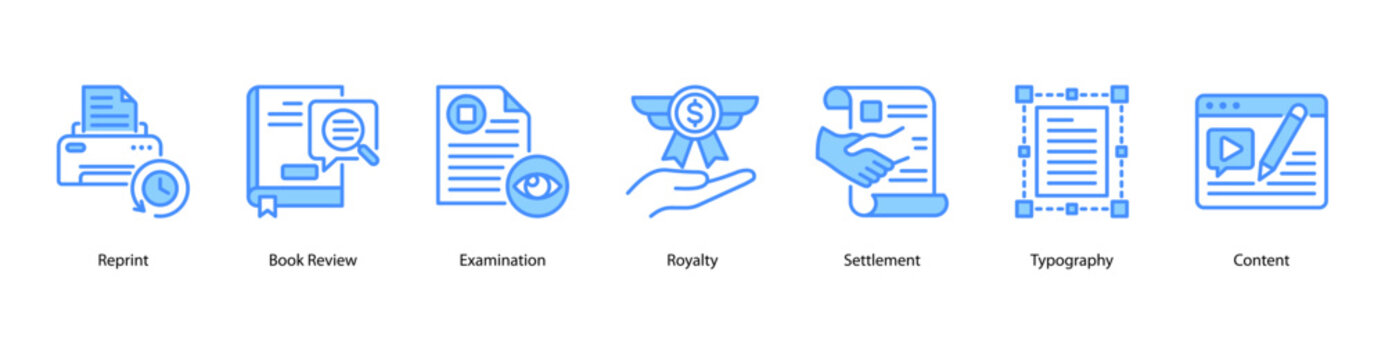 Book Production web banner icon vector illustration featuring Reprint, Book Review, Examination, Royalty, Settlement, Typography, and Content.