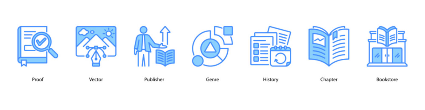 Publishing Process web banner icon vector illustration featuring Proof, Vector, Publisher, Genre, History, Chapter, and Bookstore.
