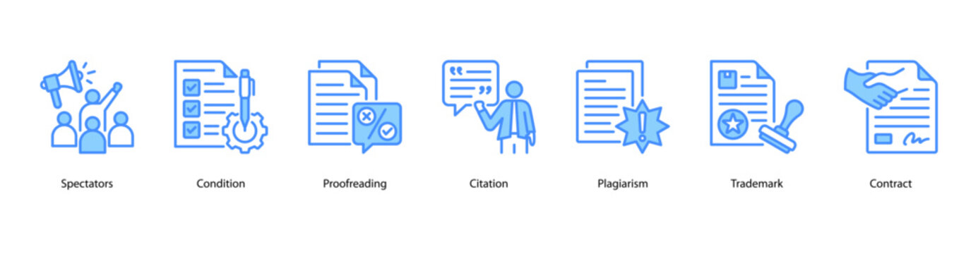 Legal and Publishing web banner icon vector illustration featuring Spectators, Condition, Proofreading, Citation, Plagiarism, Trademark, and Contract.
