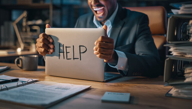 A stressed professional in a dark office holds up a laptop displaying the word "HELP" while surrounded by paperwork and files late at night.