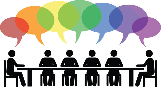 Group of people sitting at a conference table with colorful speech bubbles representing communication, discussion, and teamwork