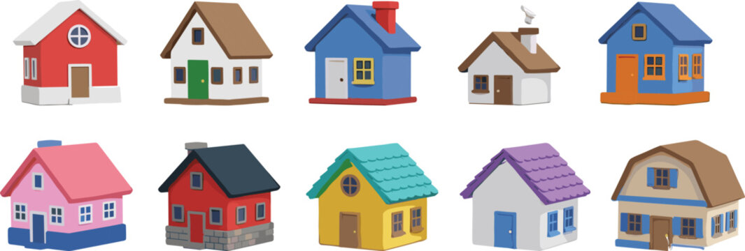 Set of colorful cartoon house illustrations featuring diverse residential buildings for real estate and architectural design projects