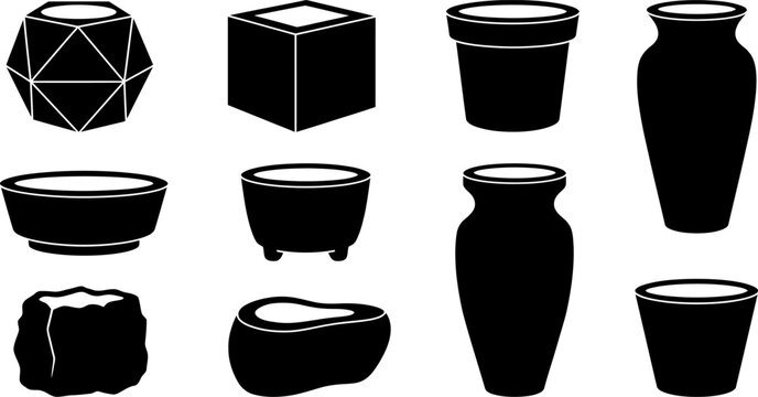 Geometric plant pots collection with various modern silhouettes and decorative ceramic vessels including polyhedral shapes tall vases and small succulent containers.