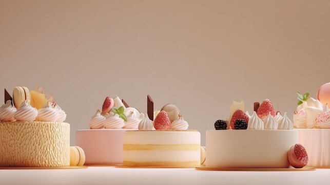 Elegant bakery background featuring fine pastries and desserts arranged around the edges. Soft creamy tones, cinematic lighting, and large central copy space for bakery advertising and promotions.