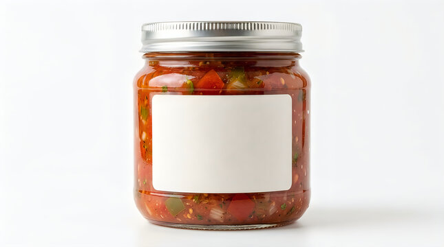 Glass jar of salsa with a blank white label food preparation glass container food product food industry food and drink