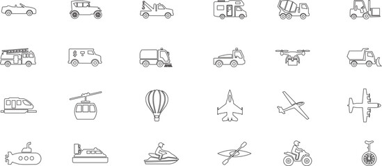 Specialized vehicle aviation and marine transport outline icon set © PrimateIT