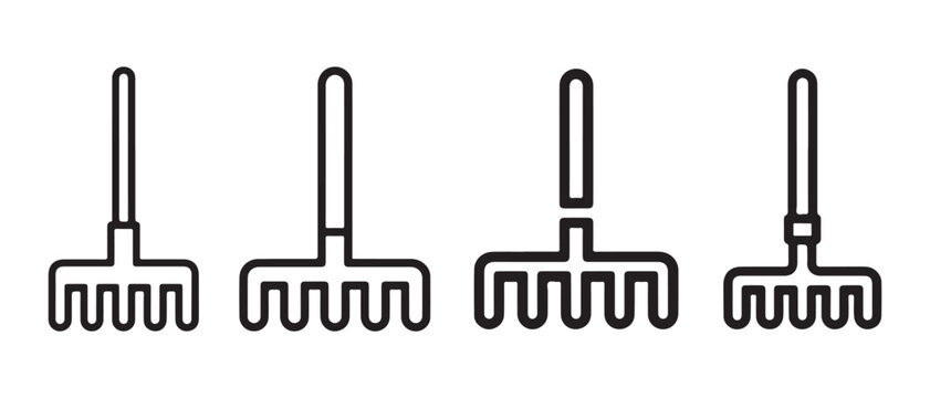 Set of garden rake line icons. representing agricultural tools for farming and landscaping design.