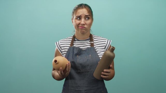 Woman in striped shirt and denim apron holding two clay vases with pouting lips against a teal studio wall; creative doubt disappointment.
