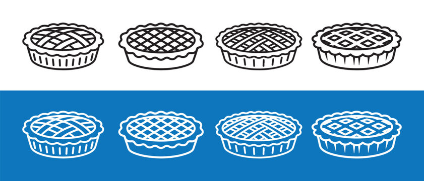 Set of pie icons. with lattice crust patterns in a minimalist line art style on white and blue backgrounds.