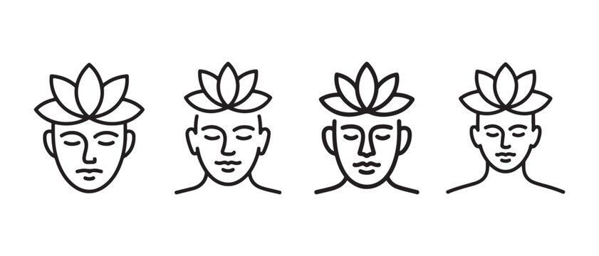 Four simplified line art icons of men with lotus flowers on their heads, symbolizing peace and mindfulness.