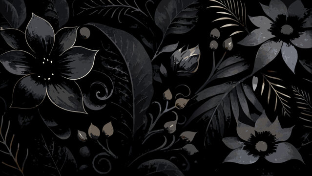 Floral ornament with dark toned leaves and blossoms a detailed vector illustration on a black background flowers foliage leafy botanical plantlife