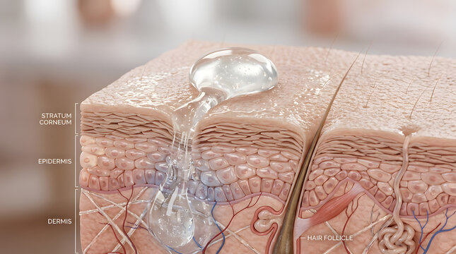 Serum absorption into skin layers, dermatological concept