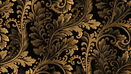 Ornate floral ornament a seamless vector pattern with swirling leaves and detailed baroque style flourishes on a black background motif design © Sujit