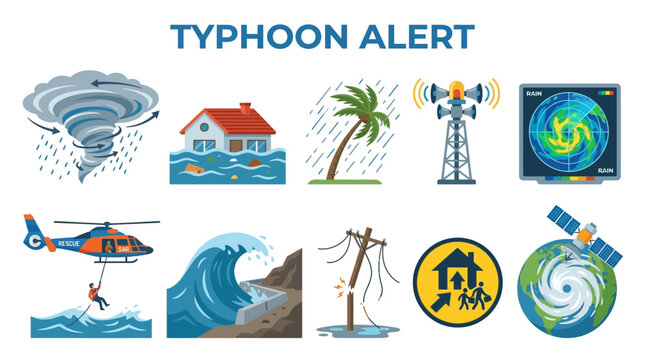 Disaster management typhoon vector icon set for weather alerts