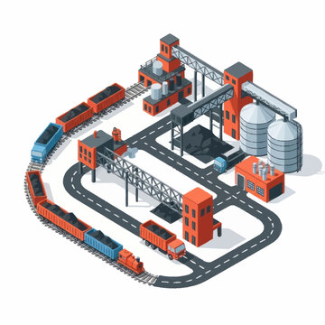 Industrial coal mining facility with trains and silos isometric view.