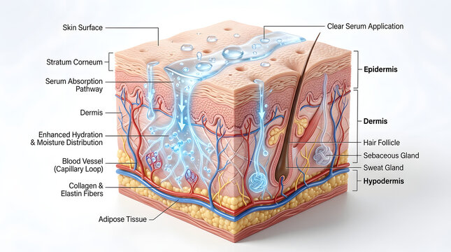 Anatomy of skin layers with serum absorption