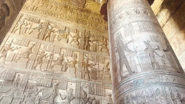 Beautiful vaults and bas-reliefs in the ancient temple complex of Dendera, Qena, Egypt.
