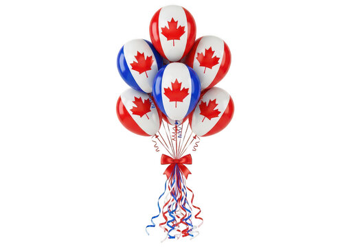 A festive bunch of helium balloons featuring the red canadian maple leaf flag PNG isolated on transparent background