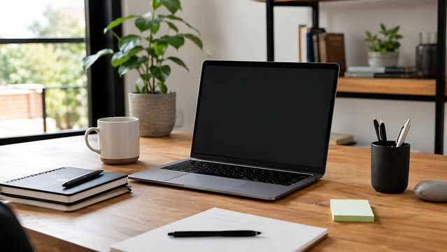 A laptop computer sits on a wooden desk in a modern home office with various stationery items and a plant in the background