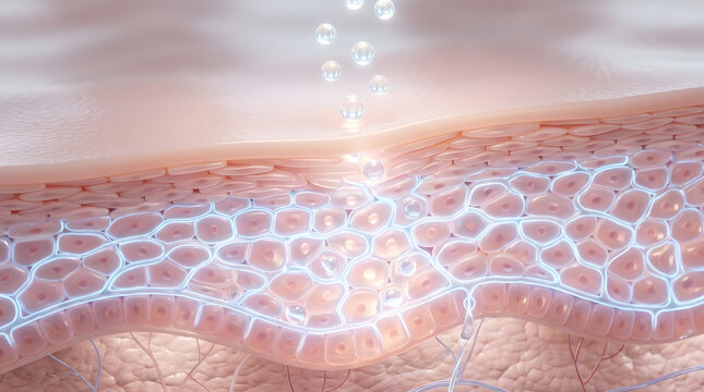 Glowing serum droplets penetrating skin layers