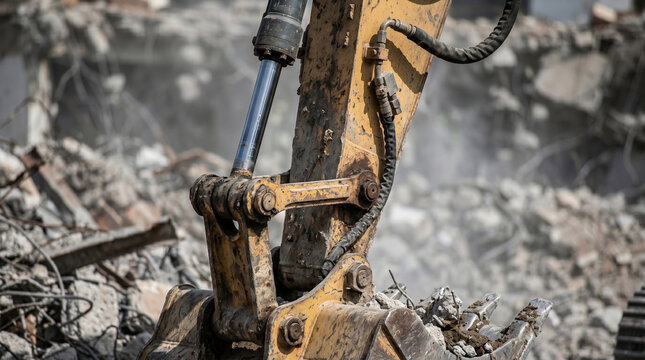 Extreme close-up of hydraulic demolition shears crushing concrete, heavy excavator machinery at a demolition site, industrial urban renewal and construction debris concept, minimalist action shot