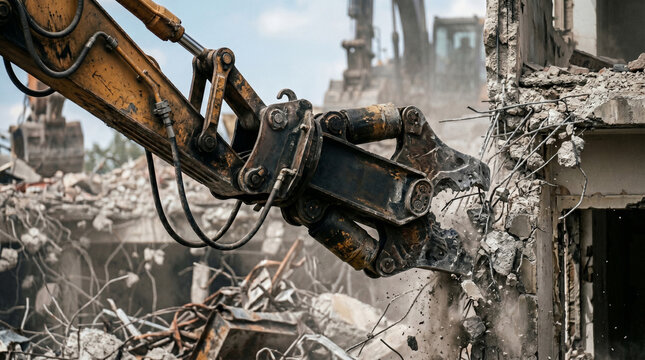 Extreme close-up of hydraulic demolition shears crushing concrete, heavy excavator machinery at a demolition site, industrial urban renewal and construction debris concept, minimalist action shot