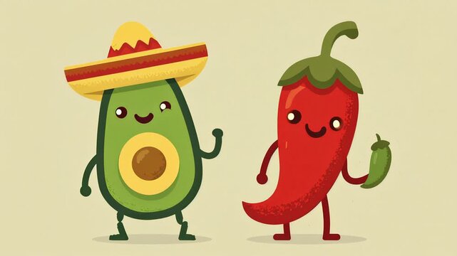 Cute Cartoon Avocado and Chili Pepper Dancing Together for Mexican Fiesta Celebration.