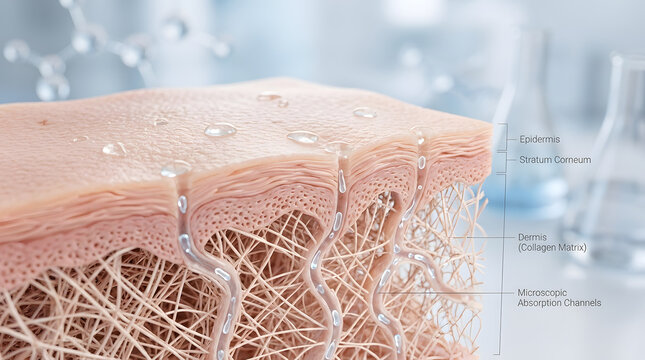 Close-up of skin surface absorbing serum
