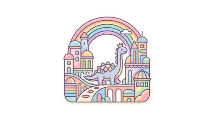 Cute cartoon dinosaur in a fantasy castle with rainbow. © Adre