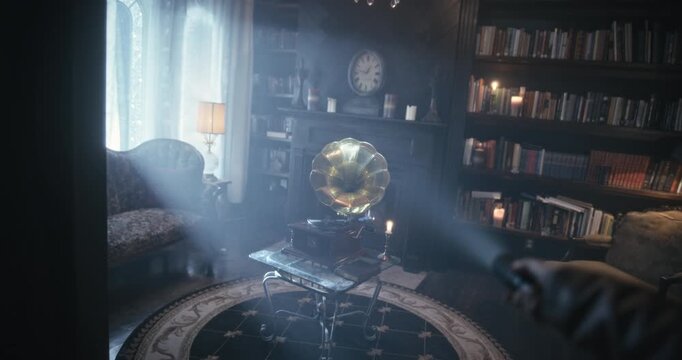 Woman pointing her flashlight around creepy old living room with gramophone on desk and lightning flashing - point of view shot