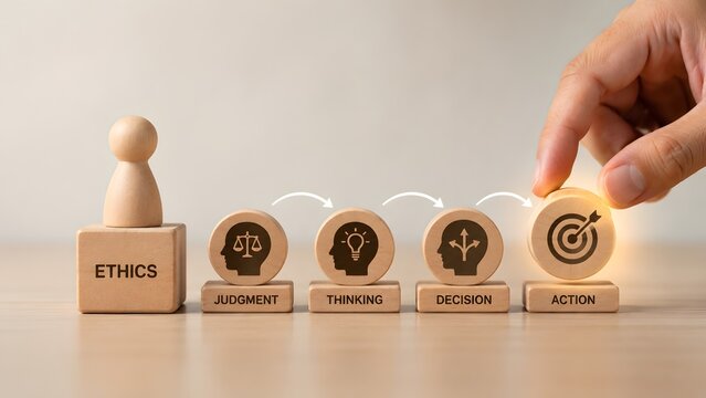Hand completing a wooden block sequence from ethics and judgment to decision and action, culminating in achieving a business target
