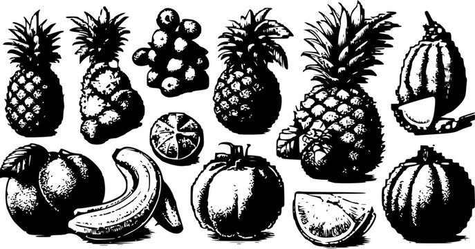 Pixel Art Tropical Summer Fruits Collection for Food and Healthy Eating
