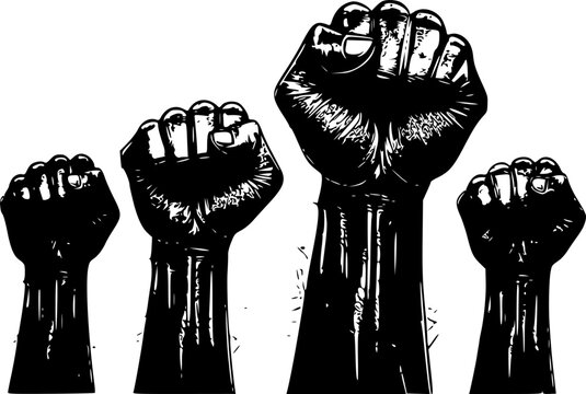 Raised clenched fist silhouette repeated four times in distressed black texture symbolizing power and resistance
