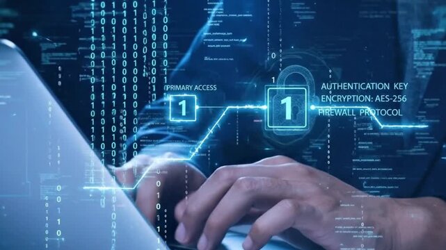 Cybersecurity Expert Typing on Laptop with Futuristic Digital Overlay and Padlock Icon.
