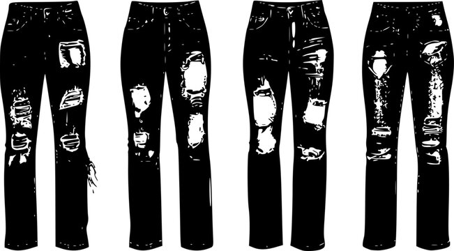 four grunge distressed jeans silhouettes with textured worn and torn patterns
