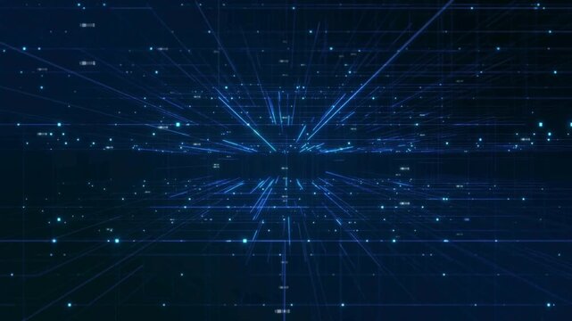 Futuristic digital data network background, blue glowing high-tech grid with light streaks, abstract cyber security and big data visualization